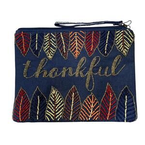 America and Beyond Beaded Bag THANKFUL Blue Leaves Wristlet Charm NWT